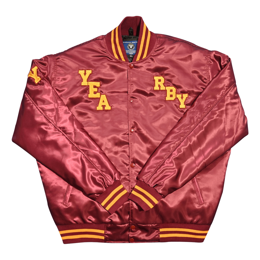 Maroon shiny satin varsity jacket featuring yellow "YEARBY" chest patch letters and yellow striped ribbed collar and cuffs from our varsity jackets online collection.