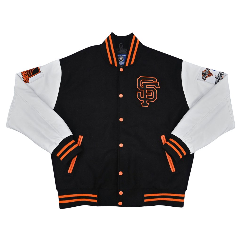 Black wool body letterman jacket with white leather sleeves, orange SF chest logo patch, sleeve graphics, and orange striped ribbed trim from our letterman jackets online collection.
