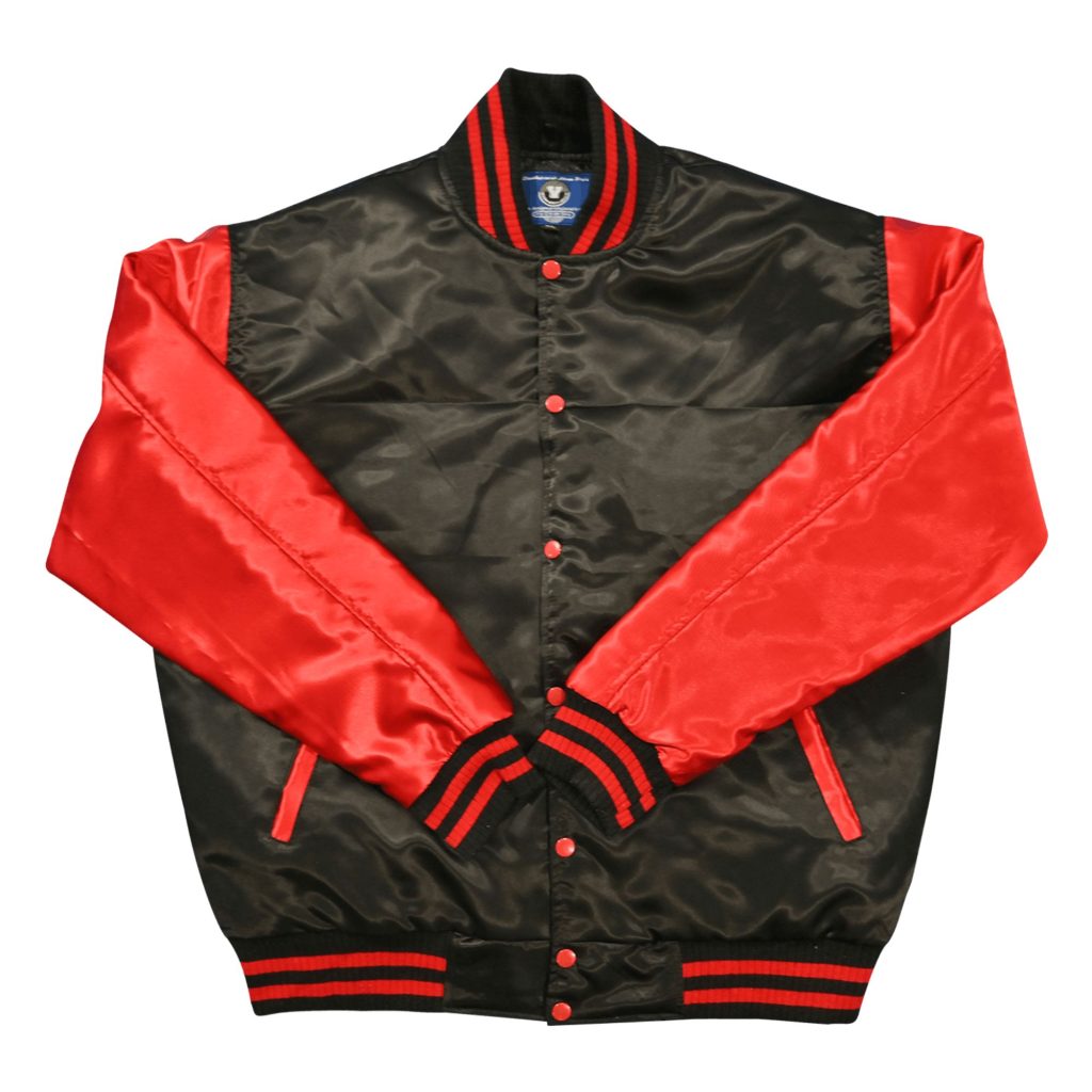 Black satin body letterman jacket with contrasting bright red satin sleeves, red snap buttons, and red-striped ribbed collar, cuffs, and hem from our letterman jackets online collection.
