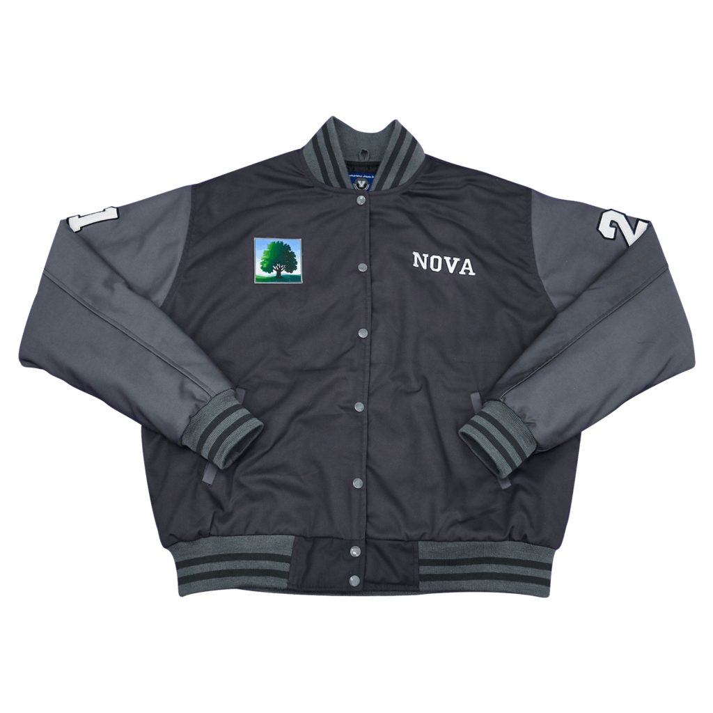 Dark grey two-tone letterman jacket featuring white "NOVA" chest lettering, green tree square patch, sleeve number patches, and grey striped ribbed trim from our letterman jackets online collection.