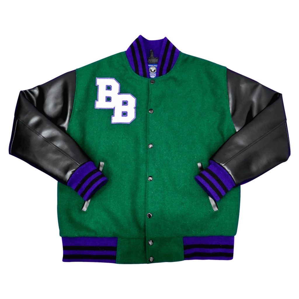 Green wool body letterman jacket featuring black leather sleeves, double "BB" white letter chest patch, and purple striped ribbed collar, cuffs, and hem from our letterman jackets online collection.