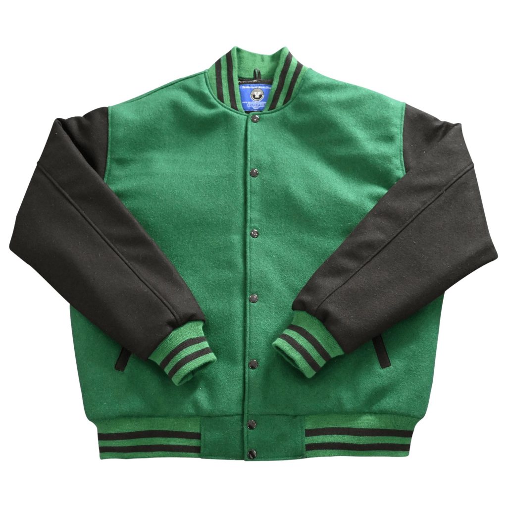 Kelly green wool body letterman jacket with contrasting black wool sleeves and matching green and black striped ribbed trim from our letterman jackets online collection.