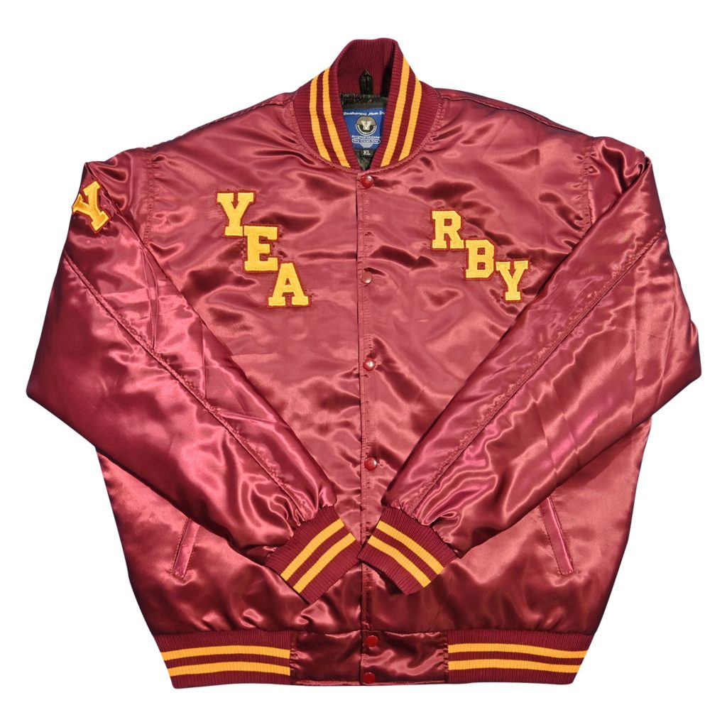 Maroon satin letterman jacket featuring gold "YEA" and "RBY" chest patches, matching sleeve patches, and yellow striped ribbed trim from our letterman jackets online collection.