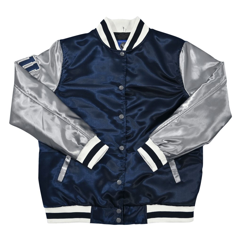 Navy blue satin body letterman jacket featuring shiny silver satin sleeves, blue and white sleeve patch, silver pocket welts, and white-striped navy ribbed trim from our letterman jackets online collection.