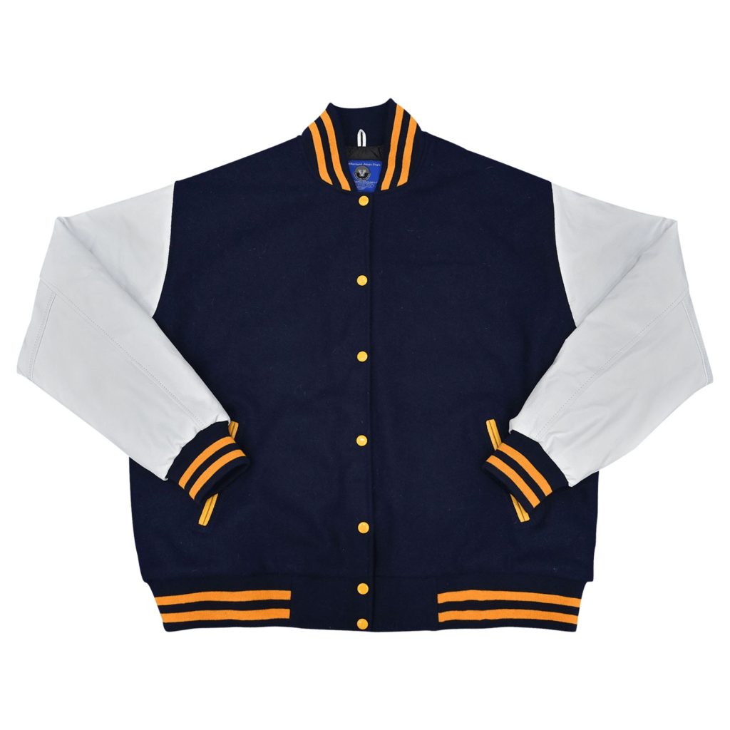 Classic navy blue wool body letterman jacket featuring white leather sleeves, yellow snap buttons, and yellow-striped ribbed collar, cuffs, and hem from our letterman jackets online collection.